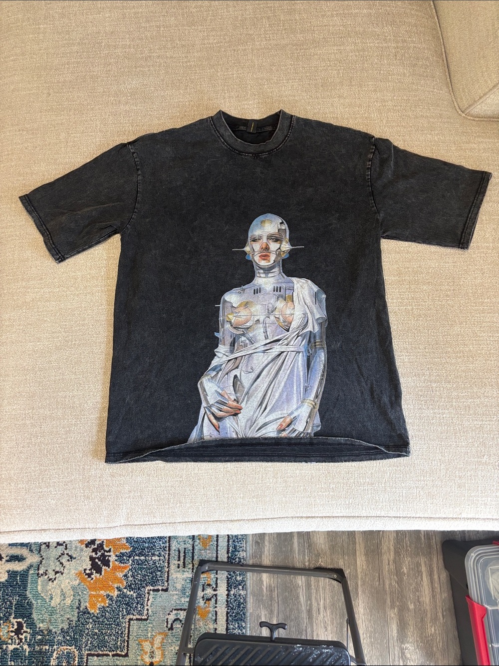 Black Graphic Crewneck T-Shirt with Futuristic Woman Print